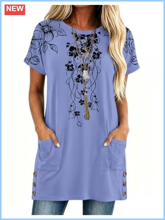 Tops - Womens Tunic Top with Pockets Short Sleeve Side Buttons Casual Long Shirt